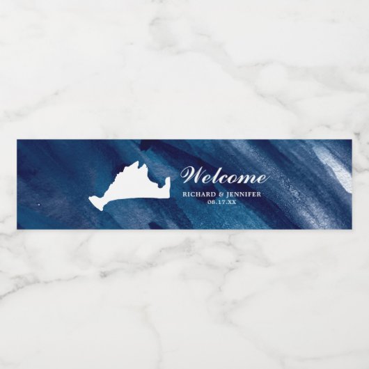 Navy Waterverf Blauwe Marthas Wijngaard Kaart Brui Waterfles Etiket (Enkel label)