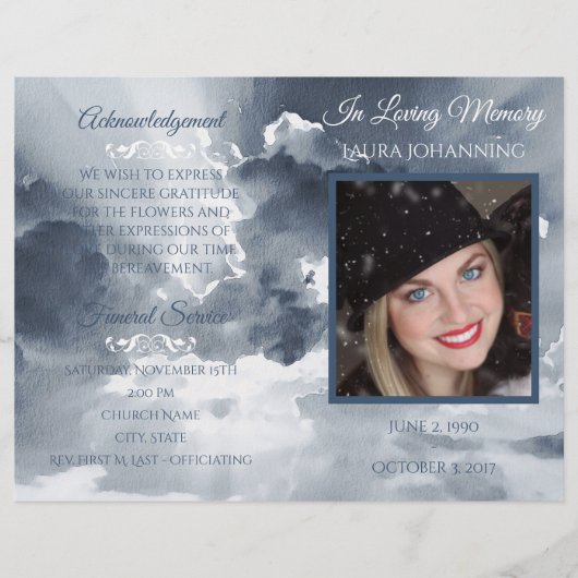 Navy Waterverf Clouds Photo Funeral Program (Voorkant)