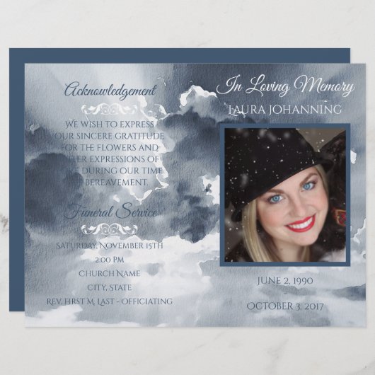 Navy Waterverf Clouds Photo Funeral Program (Voorkant / Achterkant)