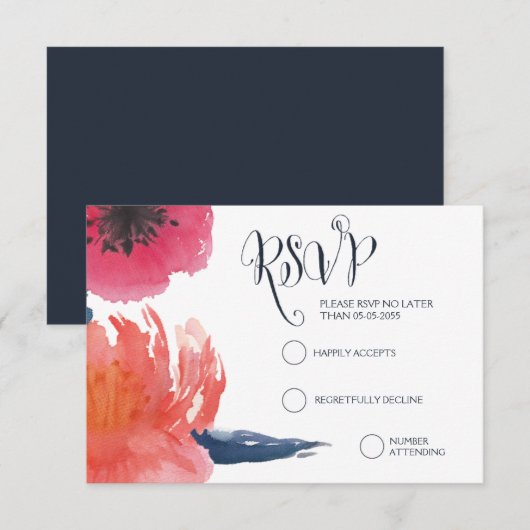 Navy Waterverf Floral bruiloft RSVP Kaarten Kaartje (Voorkant / Achterkant)