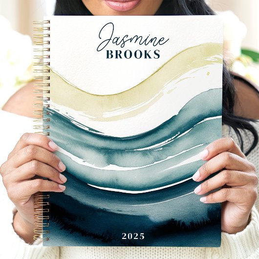 Navy Waterverf Flow 2025 Aangepaste naam Planner