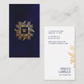Navy Waterverf & Gold Foliage Monogram Embleem Visitekaartje (Voorkant / Achterkant)