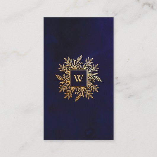 Navy Waterverf & Gold Foliage Monogram Embleem Visitekaartje (Voorkant)