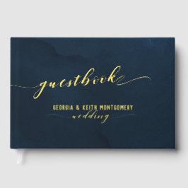 Navy Waterverf Gold Script Elegant Wedding Gastenboek