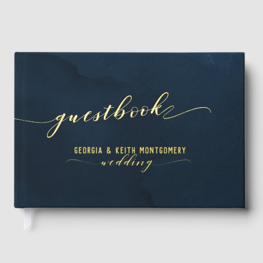 Navy Waterverf Gold Script Elegant Wedding Gastenboek (Voorkant)