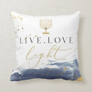 Navy Waterverf Menorah Live Love Light Hanukkah Kussen