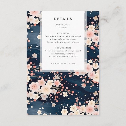 Navy Waves Sakura Blossom Modern Wedding Details Informatiekaartje (Voorkant)