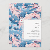Navy Waves Sakura Blossom Modern Wedding Save The Date (Voorkant / Achterkant)