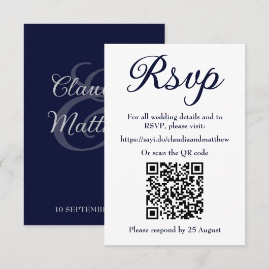 Navy Wedding Website RSVP met QR-code Kaartje (Voorkant / Achterkant)