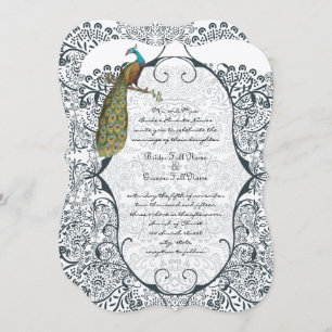 Navy Whimsical Peacock Love Bird Pattern Weddensch Kaart