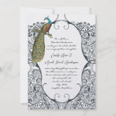 Navy Whimsical Peacock Love Bird Pattern Weddensch Kaart (Voorkant)