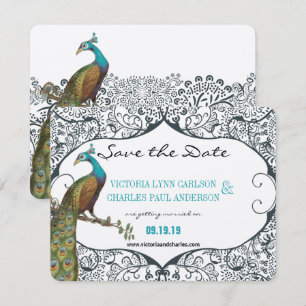 Navy Whimsical Peacock Love Bird Save the Date Kaart