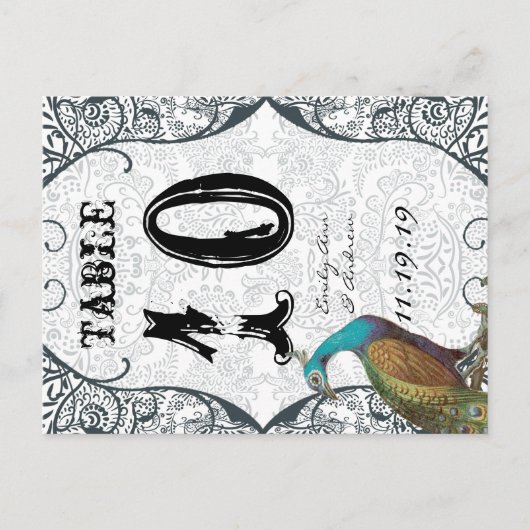 Navy Whimsical Peacock Love Bird Table Number Briefkaart (Voorkant)