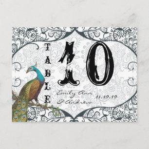 Navy Whimsical Peacock Love Bird Table Number Briefkaart