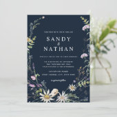 Navy Whimsical Wildflower Botanische bruiloft Kaart (Staand voorkant)