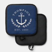 Navy White Anchor Wreator Nautical Name & Year Est Pannenlap (Voorkant / Achterkant)