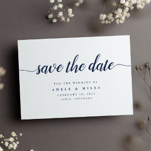 Navy & White Calligraphy Save the Date Kaart