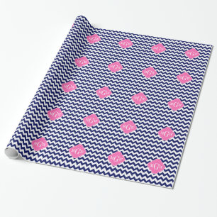 Navy White Chevron Hot Pink Quatrefoil 3 Monogram Cadeaupapier