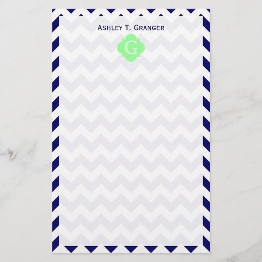 Navy White Chevron Mint Green Quatrefoil Monogram Briefpapier (Voorkant)