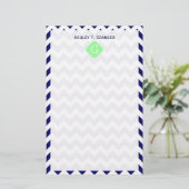 Navy White Chevron Mint Green Quatrefoil Monogram Briefpapier (Staand voorkant)
