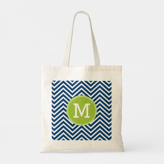 Navy White Chevron Pattern met Green Monogram Tote Bag (Achterkant)