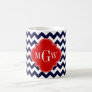 Navy White Chevron Red Quatrefoil 3 Monogram Koffiemok