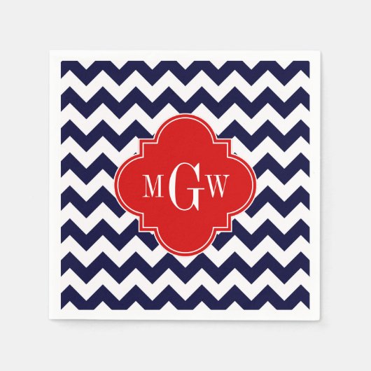 Navy White Chevron Red Quatrefoil 3 Monogram Servetten (Voorkant)