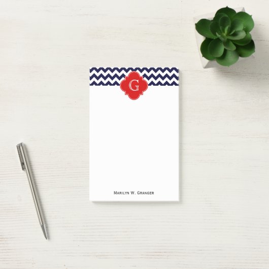 Navy White Chevron Red Quatrefoil Monogram Post-it® Notes (Kantoor)