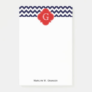 Navy White Chevron Red Quatrefoil Monogram Post-it® Notes
