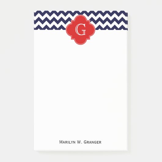 Navy White Chevron Red Quatrefoil Monogram Post-it® Notes (Voorkant)