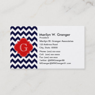 Navy White Chevron Red Quatrefoil Monogram Visitekaartje
