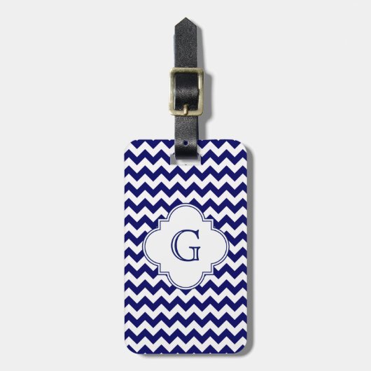 Navy White Chevron White Quatrefoil Monogram Bagagelabel (Voorkant verticaal)