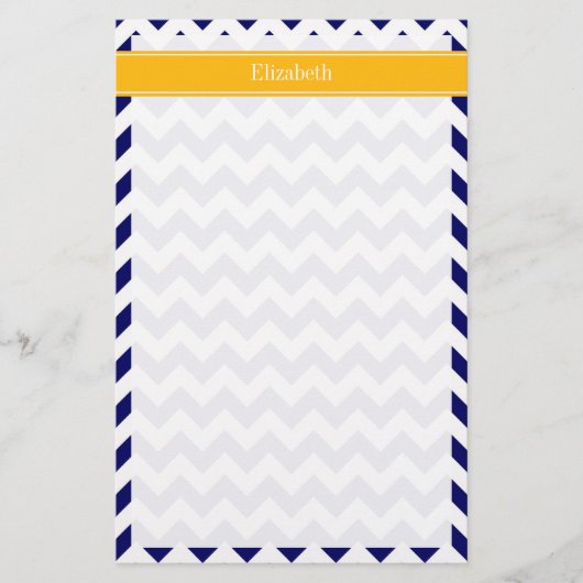 Navy White Chevron ZigZag Goldenrod Name Monogram Briefpapier (Voorkant)