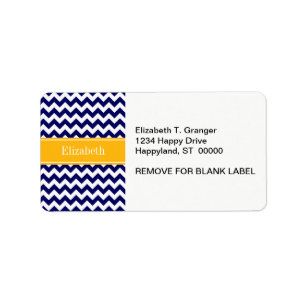 Navy White Chevron ZigZag Goldenrod Name Monogram Etiket