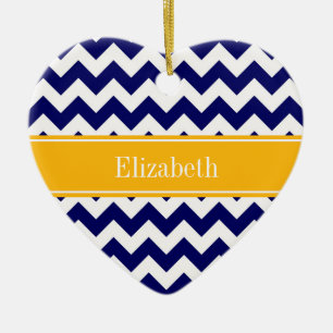 Navy White Chevron ZigZag Goldenrod Name Monogram Keramisch Ornament