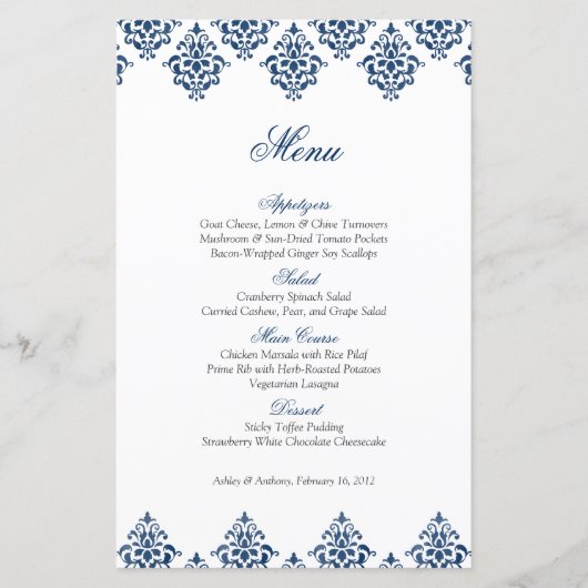 Navy White Damask Arabesque Wedding Menu Kaart (Voorkant)