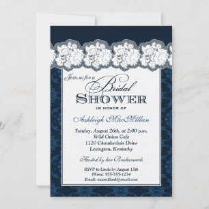 Navy, White Damask, Lace Vrijgezellenfeest Invite Kaart