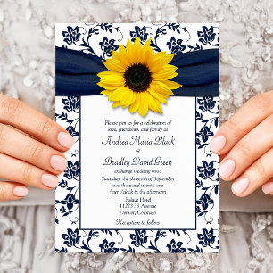 Navy White Damask Sunflower Wedding Invitation Kaart