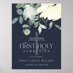 NAVY WHITE FLORAL FIRST HOLY COMMUNION WELCOMM POSTER