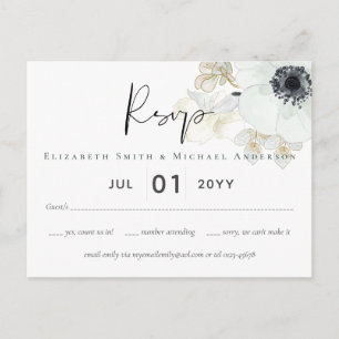 Navy White Gold Floral Wedding Budget RSVP Briefkaart