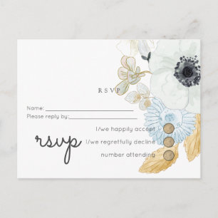 Navy White Gold Floral Wedding Budget RSVP Uitnodiging Briefkaart