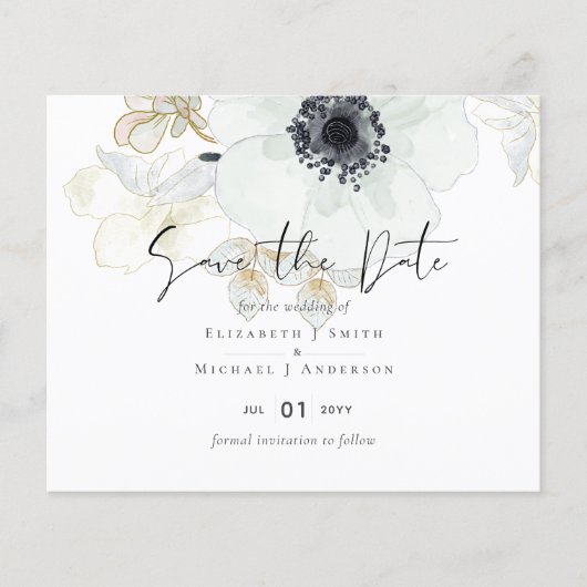 Navy White Gold Floral Wedding Save Date Budget (Voorkant)