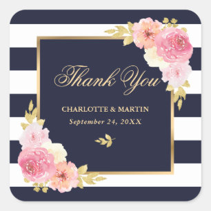 Navy White Gold Pink Bloemen Huwelijk Bedankt Vierkante Sticker