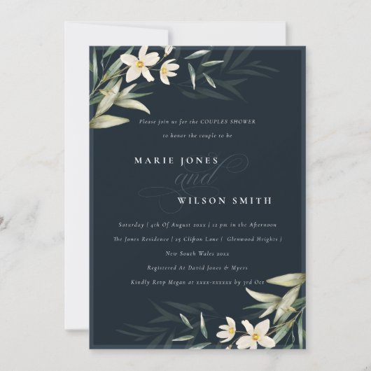 Navy White Greenery Floral Couples Shower Invite Bedankkaart (Voorkant)