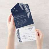 Navy White Greenery Monogrammed Wedding All In One Uitnodiging (Afscheurbaar)