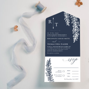 Navy White Greenery Monogrammed Wedding All In One Uitnodiging