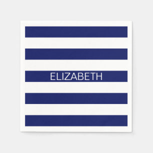 Navy White Horizontal Preppy Stripe Name Monogram Servetten