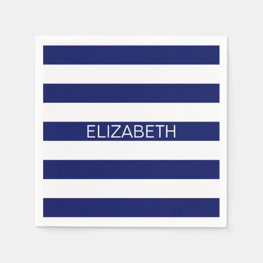 Navy White Horizontal Preppy Stripe Name Monogram Servetten (Voorkant)