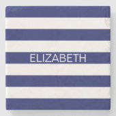 Navy White Horizontal Preppy Stripe Name Monogram Stenen Onderzetter (Voorkant)