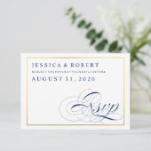 Navy & White met Faux Gold Wedding RSVP Kaart (Staand voorkant)